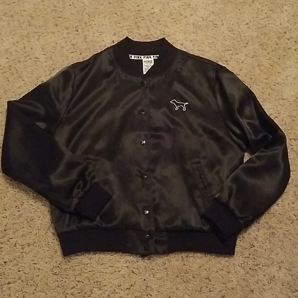 VS PINK Black Satin Bomber Jacket NWT